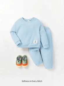 Cozy Pixies 男婴休闲纯色运动衫和裤子套装，长袖，服装 - 藍色 - 查看 1