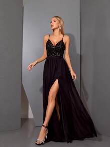 女士深V领亮片拼接雪纺高开衩A字晚礼服长裙派对礼服婚礼宾客礼服正式礼服春假长裙 - 黑色 - 查看 1