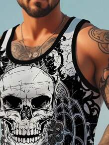 Manfinity Dauomo Men's Casual Skull Printed Round Neck Sleeveless Top, Summer - White - View 3