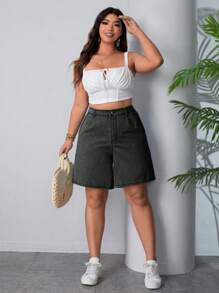 SHEIN EZwear Quần short denim dáng rộng Bermuda có túi cỡ lớn dành cho nữ - Màu xám đen - Xem 6