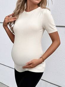 SHEIN Maternity Round Neck Short Sleeve Fitted Sweater For Pregnant Women, Autumn/Winter - Yellow - View 3