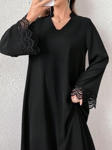 Al Najma 女式纯色简约日常阿拉伯连衣裙，朴素长袖长款阿拉伯长袍连衣裙 - 黑色 - 查看 4