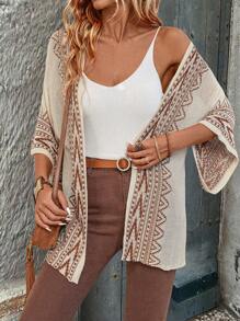 SHEIN LUNE Cardigan da donna in stile bohémien, con maniche a sbuffo, fantasia geometrica e contrasto di colori, top a maniche lunghe