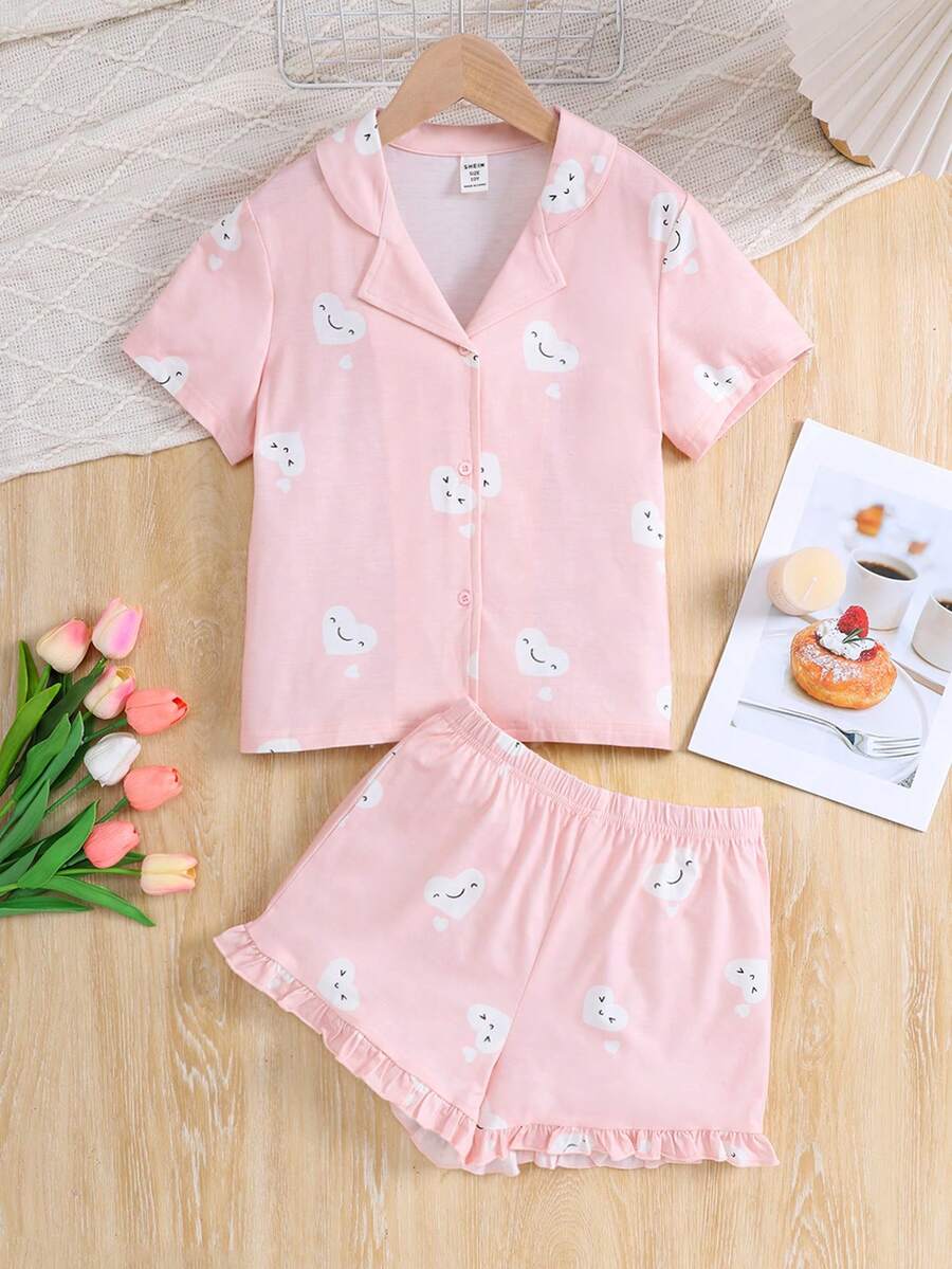 SHEIN Tween 女童针织心形图案宽松翻领衬衫和宽松短裤可爱家居服套装 - 藕粉色 - 查看 1