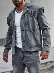 Manfinity LEGND Men Solid Color Front Button Pocket Casual Long Sleeve Denim Jacket, Fall - Grey - View 4