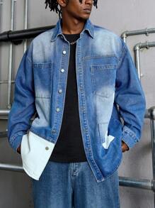 Manfinity EMRG Men's Spring And Summer Long Sleeve Loose Fit Denim Shirt With Double Pockets - Light Wash - View 6