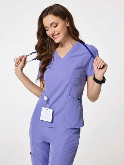 TaskEZ Blusa informal de cuello en V, manga corta, bolsillo, holgada, uniforme básico, blusa de uniforme para mujeres