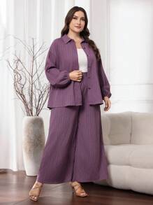 Mulvari Conjunto de talla grande para mujer con camisa de hombros caídos y pantalones pata ancha para primavera y verano, camisa informal de manga larga con ajuste holgado y abotonadura, y pantalones largos pata ancha - Morado - Ver 6