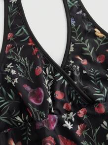 ROMWE Vestido de playa con estampado completo, con cuello de halter, espalda descubierta y fruncido, casual para vacaciones para mujer