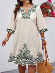 Breezaya 女式大码随机印花短袖连衣裙 - 軍綠色 - 查看 5