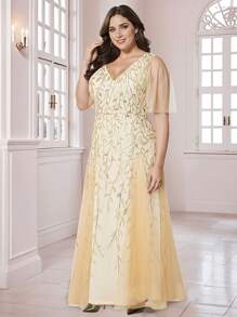 HOMEYEE V 领喇叭袖网眼亮片复古晚礼服，大码紧身鸡尾酒会礼服，正式舞会礼服，适合婚礼嘉宾、毕业典礼、晚宴 - 杏色 - 查看 3