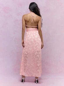 MISSGUIDED Boho Brocade Style Lace Halter Neck Asymmetric Ruffle Hem Maxi Dress With Flower Applique - Pink - View 2
