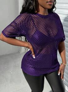 Slaydiva Music Festival Black Versatile Sexy Casual Loose Mesh Crochet Women's Short Sleeved T-Shirt Top - Purple - View 5