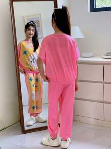 SHEIN Ensemble de 2 pièces pour jeunes filles : T-shirt ample à manches courtes imprimé chat mignon + pantalon de survêtement