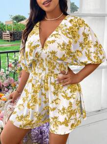 Flirla Plus Size Women's Random Printed Simple Daily Deep V-Neck Jumpsuit - Yellow - View 3