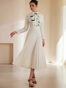 Aveloria Rosie Vestido de manga larga con cuello alto de estilo chino, diseño de bloques de color, estampado de bambú y pliegues, largo medio