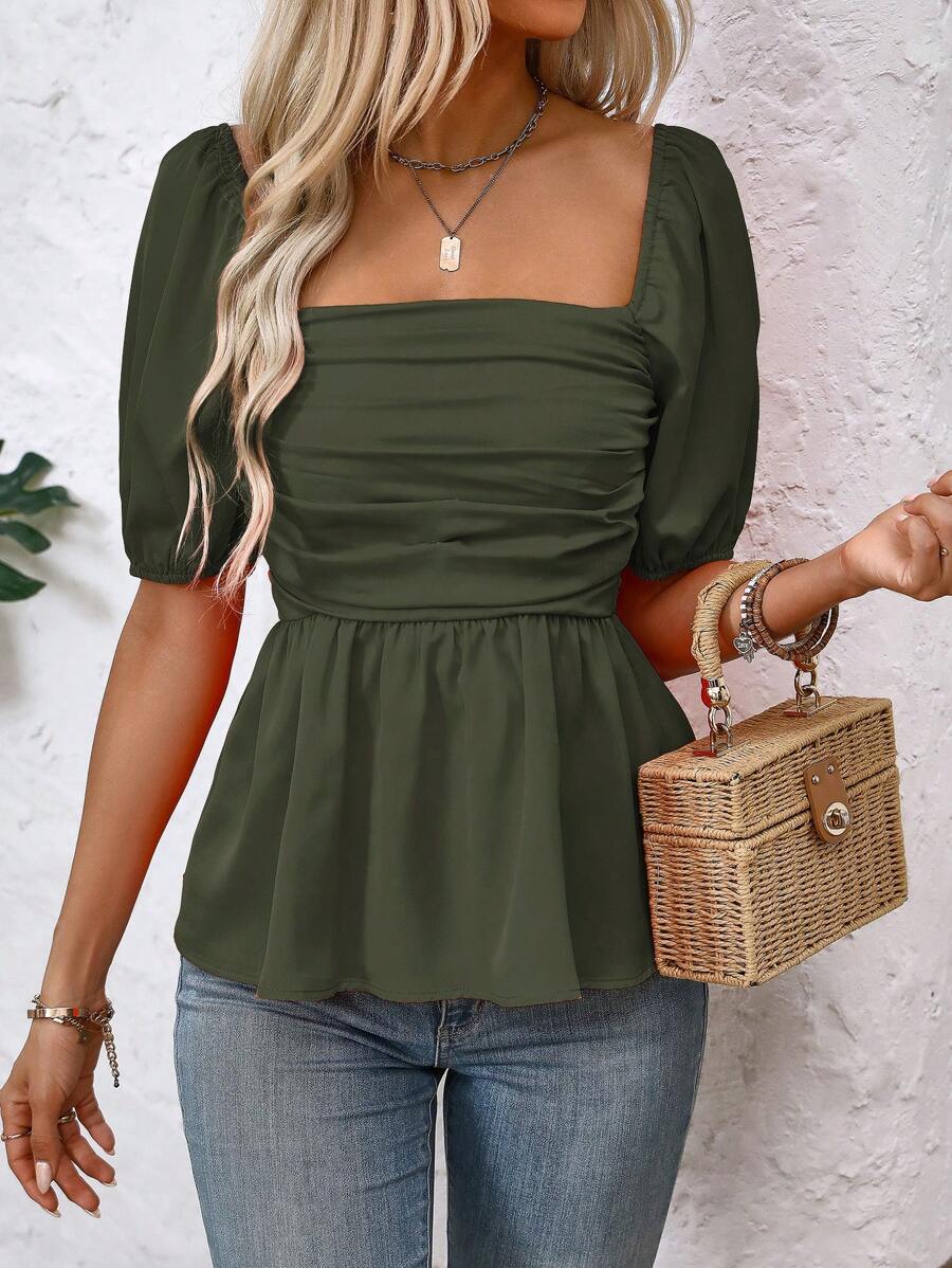 SHEIN Clasi Áo sơ mi peplum cổ tròn tay ngắn đơn giản cho nữ - xanh quân đội - Xem 1