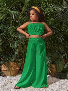 SHEIN Bộ quần ống rộng và áo dệt kim màu trơn thông thường của Tween Girls' Vacation, trang phục phù hợp cho mẹ và tôi (5 món bán riêng), Xuân/Hè - màu xanh lá - Xem 3