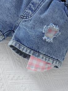 Young Girl Plaid Puff Sleeve Top And Ripped Denim Shorts Set, School, Campus, College - Pink - View 4
