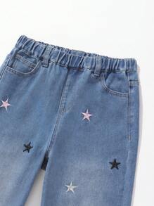 SHEIN Tween Girl Daily Casual Star Pattern Jeans - Medium Wash - View 5