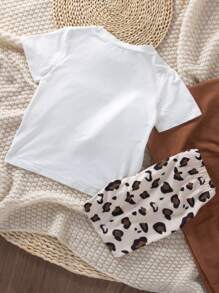 SHEIN Wildeya Young Girl Cute Hand-Drawn Rabbit Pattern Coral Short Sleeve T-Shirt And Leopard Print Knit Leggings Set , Suitable For Summer, Autumn And Winter, Both As Inner Wear And Daily Wear For School,Holiday,Summer,Travel
