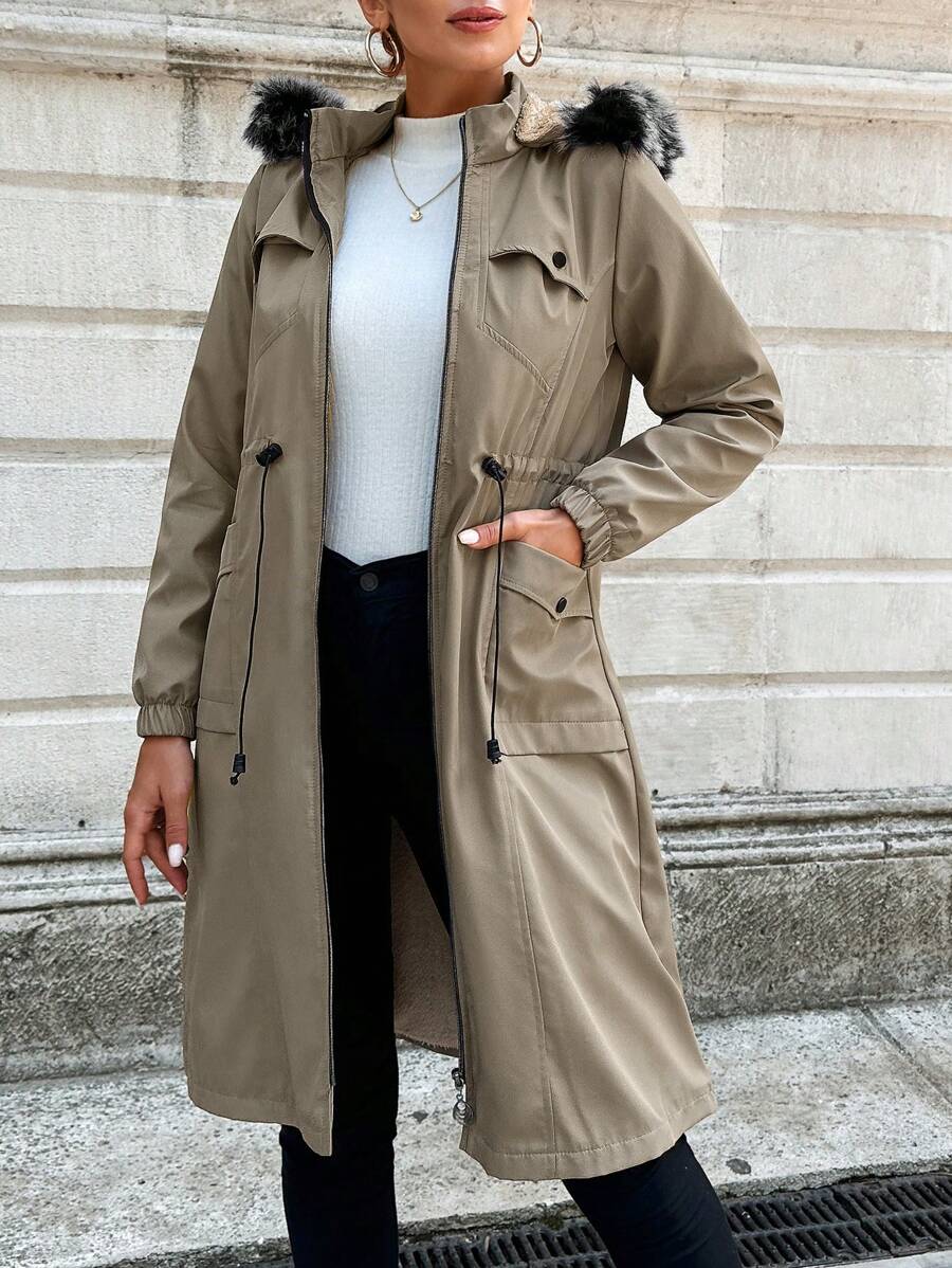 RueChic Drawstring Waist Fuzzy Trim Hooded Parka Coat - Beige - View 1