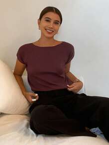 Livesso 女士夏季纯色修身露肩短袖针织上衣，教师装