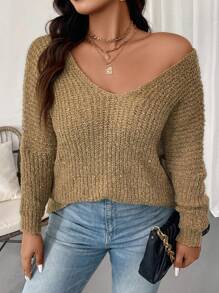 SHEIN Unity 大码女式纯色V领长袖宽松休闲套头毛衣，秋冬针织套头衫 - 卡其色 - 查看 4