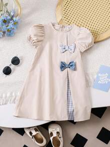 SHEIN LMoss Kids LMoss Young Girl 年轻女孩宽松休闲泡泡袖格子拼布圆领连衣裙 - 杏色 - 查看 1