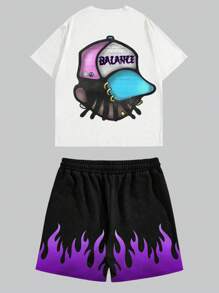 ROMWE MEN Street Life Men's Summer Cartoon Character Printed Short Sleeve T-Shirt And Elastic Waist Shorts Set