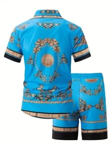 Men's Resort Style Shirt Set - Vintage Court Style Short Sleeve Top And  Shorts - Multicolor - View 2