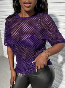 Slaydiva Music Festival Black Versatile Sexy Casual Loose Mesh Crochet Women's Short Sleeved T-Shirt Top - Purple - View 7