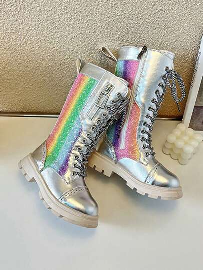 女童彩虹带高筒靴，秋冬季儿童彩色靴子，适合万圣节派对