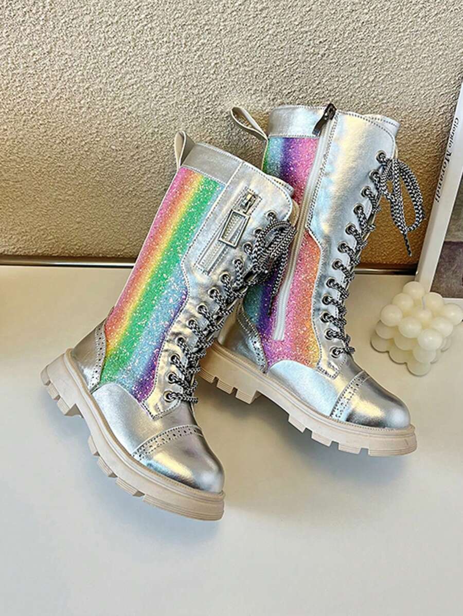 Botas altas con tirante arcoíris para niñas, botas coloridas para niños de otoño e invierno, para fiesta de Halloween