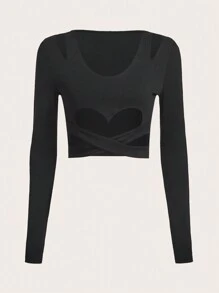SHEIN X KeniaOs SHEIN ICON 剪裁交叉纯色短款上衣 - 黑色 - 查看 1