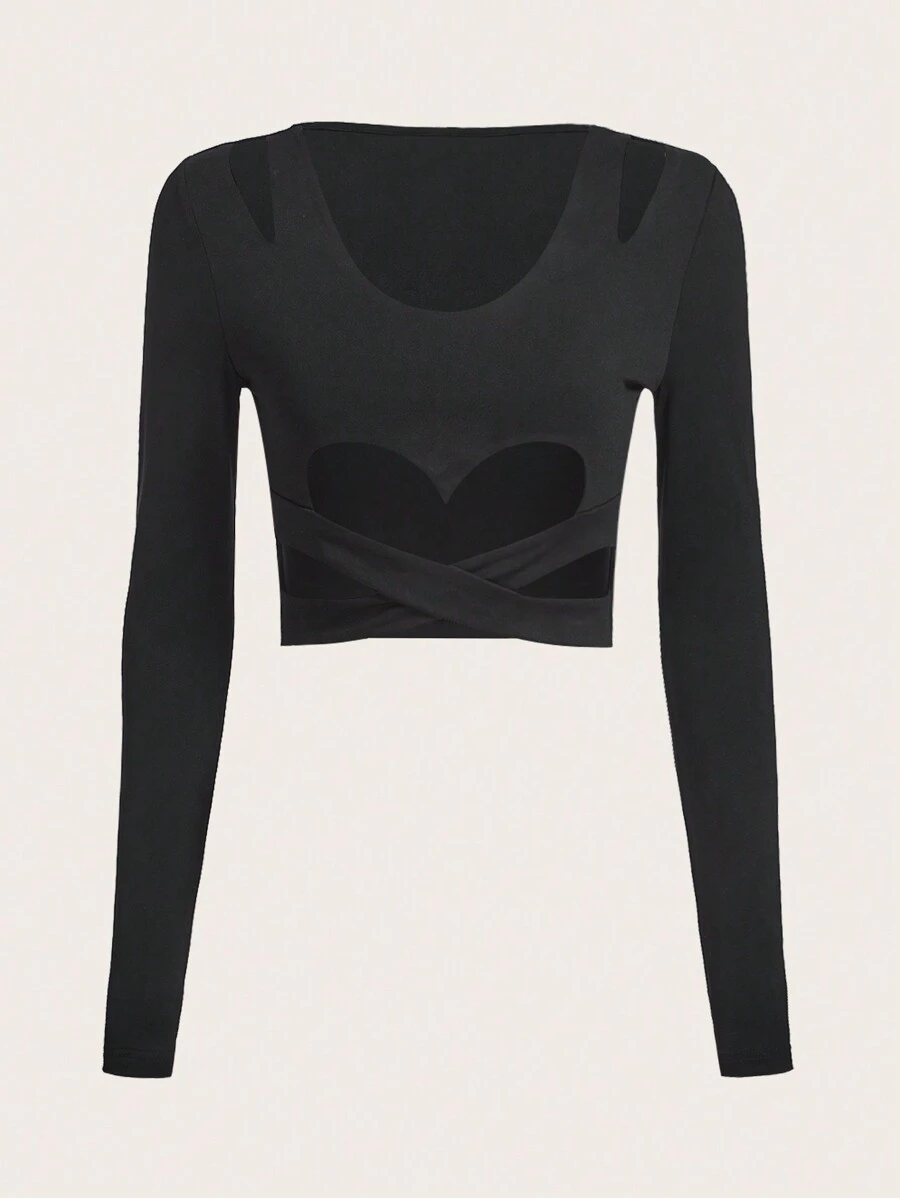 SHEIN X KeniaOs SHEIN ICON 剪裁交叉纯色短款上衣 - 黑色 - 查看 1