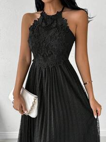 SHEIN Privé 女士花卉和蝴蝶紋刺繡網紗褶皺A字裙，收腰設計，優雅適合度假或日常穿著 - 黑色 - 查看 3