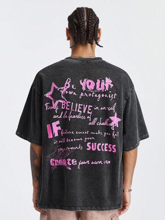 Manfinity RebelGame Manfinity ストリートEZ メンズ アシッドウォッシュ 英字プリント ルーズ ラウンドネック 半袖Tシャツ、夏、ハロウィンの服装に適しています