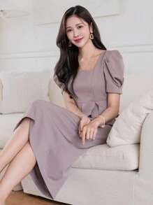 DAZY Women's Solid Color Square Neck Ruffle Trim Puff Sleeve Dress, Summer Sundress - Pink - View 3