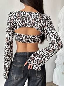 Flirla Women's Spring/Summer Leopard Print Sweetheart Neckline Long Sleeve Cropped Ruched Top Fall Cloth For Women - Multicolor - View 2