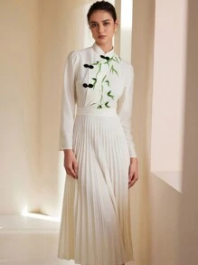 Aveloria Rosie Vestido de manga larga con cuello alto de estilo chino, diseño de bloques de color, estampado de bambú y pliegues, largo medio