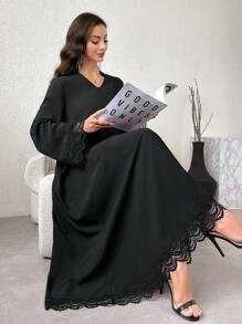 Al Najma 女式纯色简约日常阿拉伯连衣裙，朴素长袖长款阿拉伯长袍连衣裙 - 黑色 - 查看 1