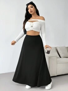 SHEIN EZwear 大码女式纯色高腰日常休闲中长裙 - 黑色 - 查看 6
