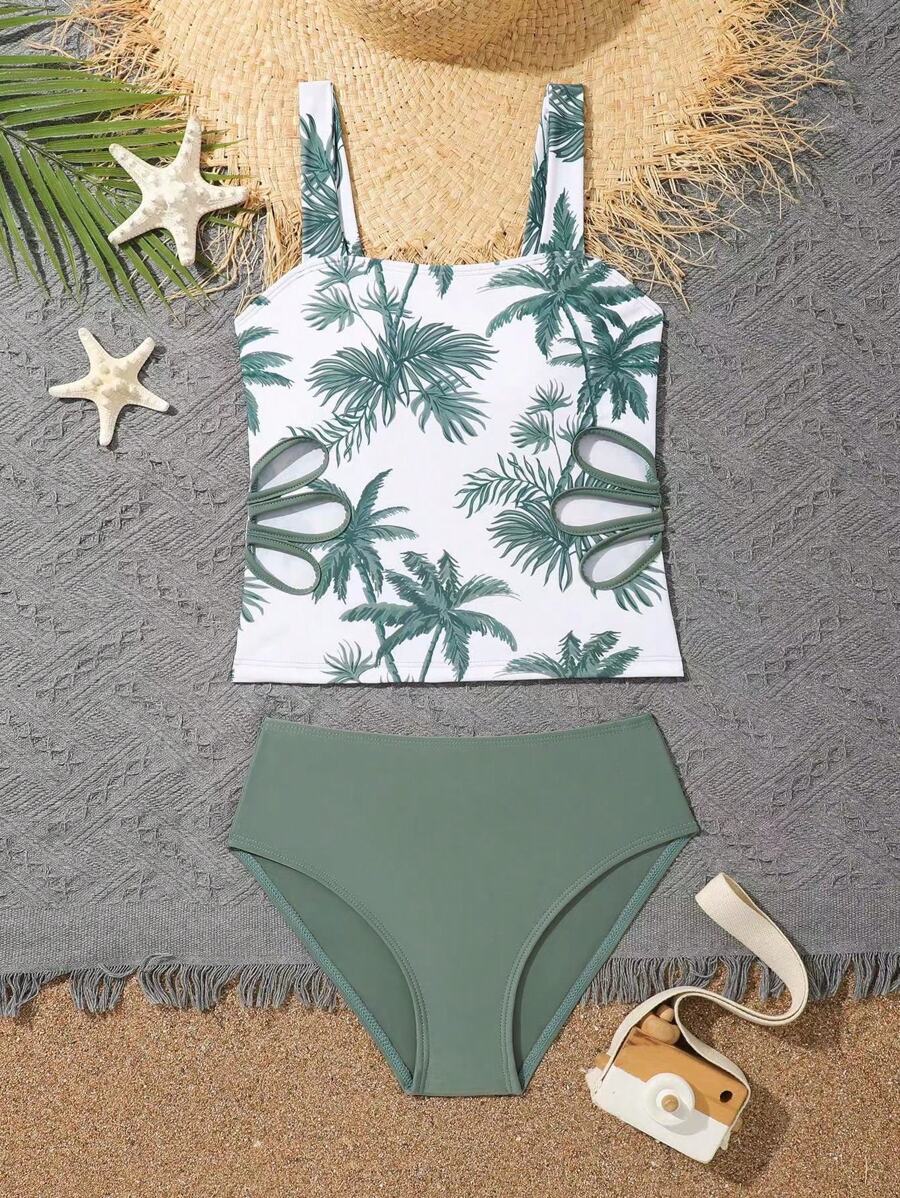 Conjunto de top de tankini de cuello halter estampado y Bottom para niñas preadolescentes - Verde - Ver 1