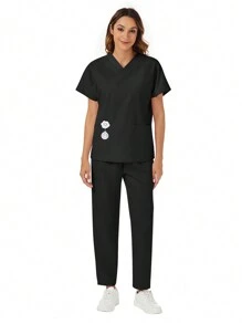 2pcs/Set Dropped Shoulder Solid Color Simple Short Sleeve Top & Pants Scrub Set Spring Black - Black - View 2