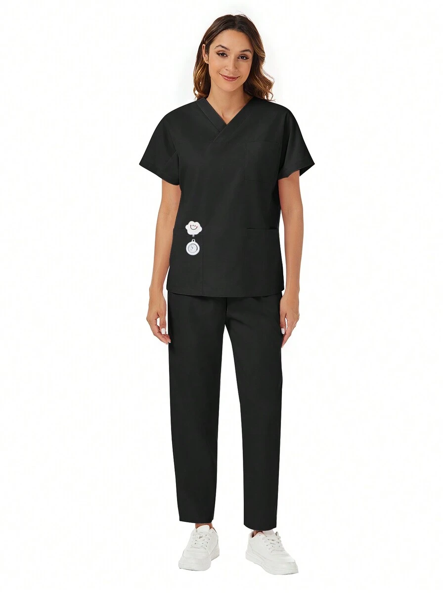 2pcs/Set Dropped Shoulder Solid Color Simple Short Sleeve Top & Pants Scrub Set Spring Black