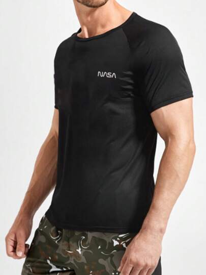 Football 男友风男士休闲字母印花插肩袖短袖运动T恤，夏季返校季男士压缩衣