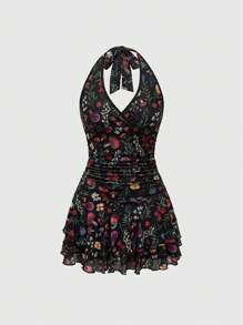 ROMWE Vestido de playa con estampado completo, con cuello de halter, espalda descubierta y fruncido, casual para vacaciones para mujer