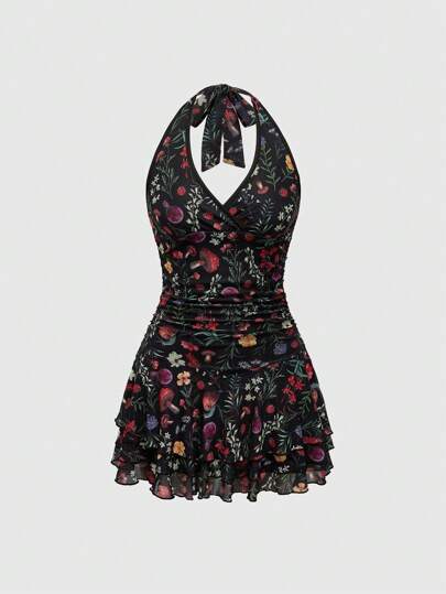 Women's Halter Backless Ruched Full Print Beach Dress, Casual Vacation