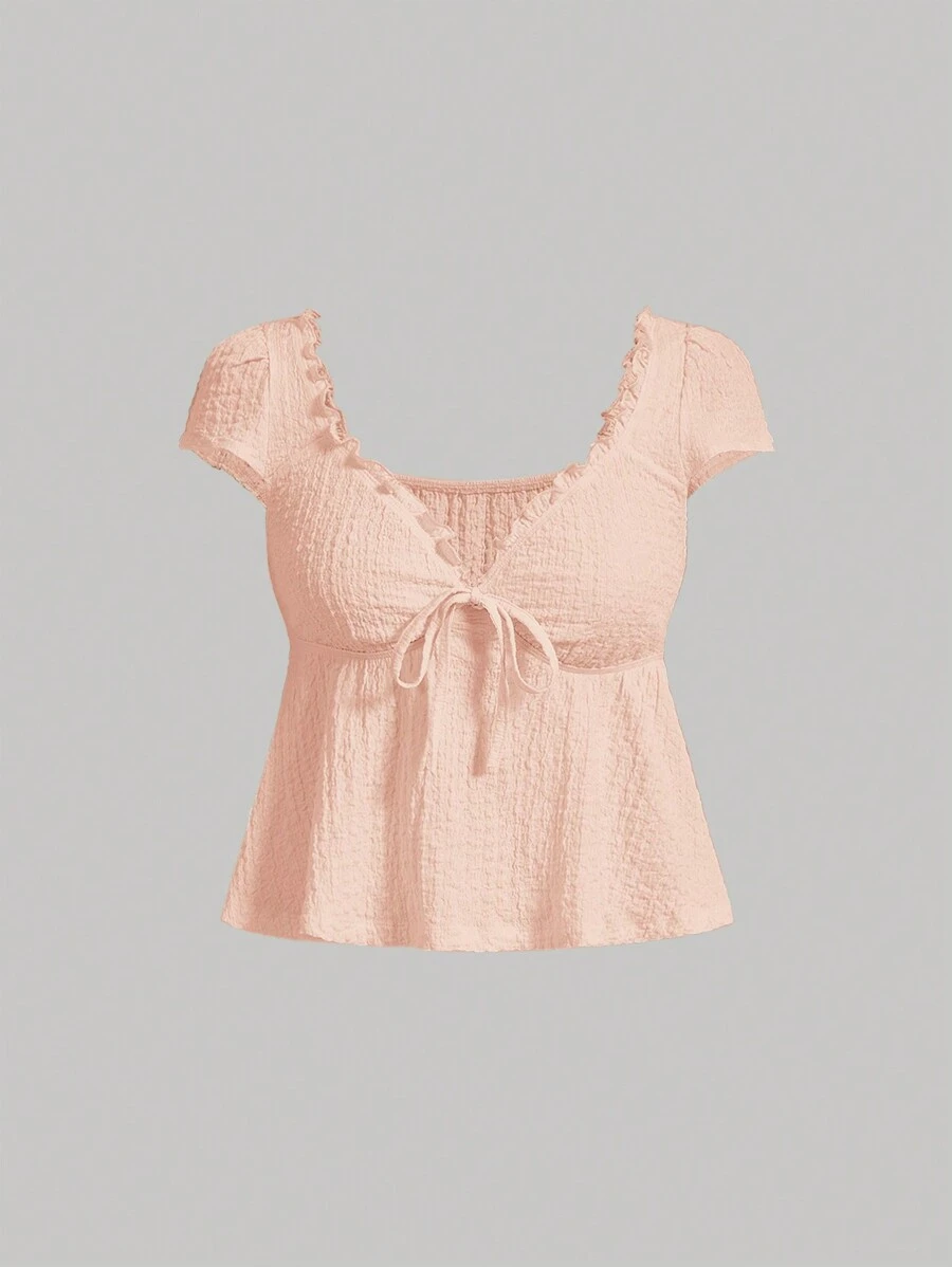 SHEIN MOD Summer Casual Solid Color Textured Knit Dolman T-Shirt , Babydoll Top - Dusty Pink - View 1